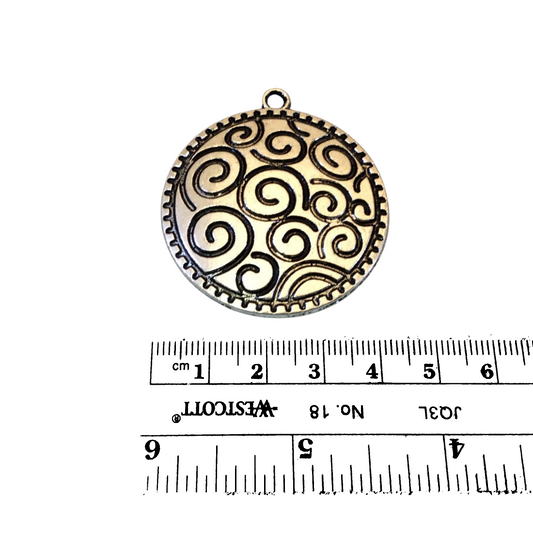 1.5" Long Tibetan Silver Spiral/Swirled Scroll Textured Disc Shape Focal Pendant - 43mm x 43mm, Approximately - Sold Individually (A13223)