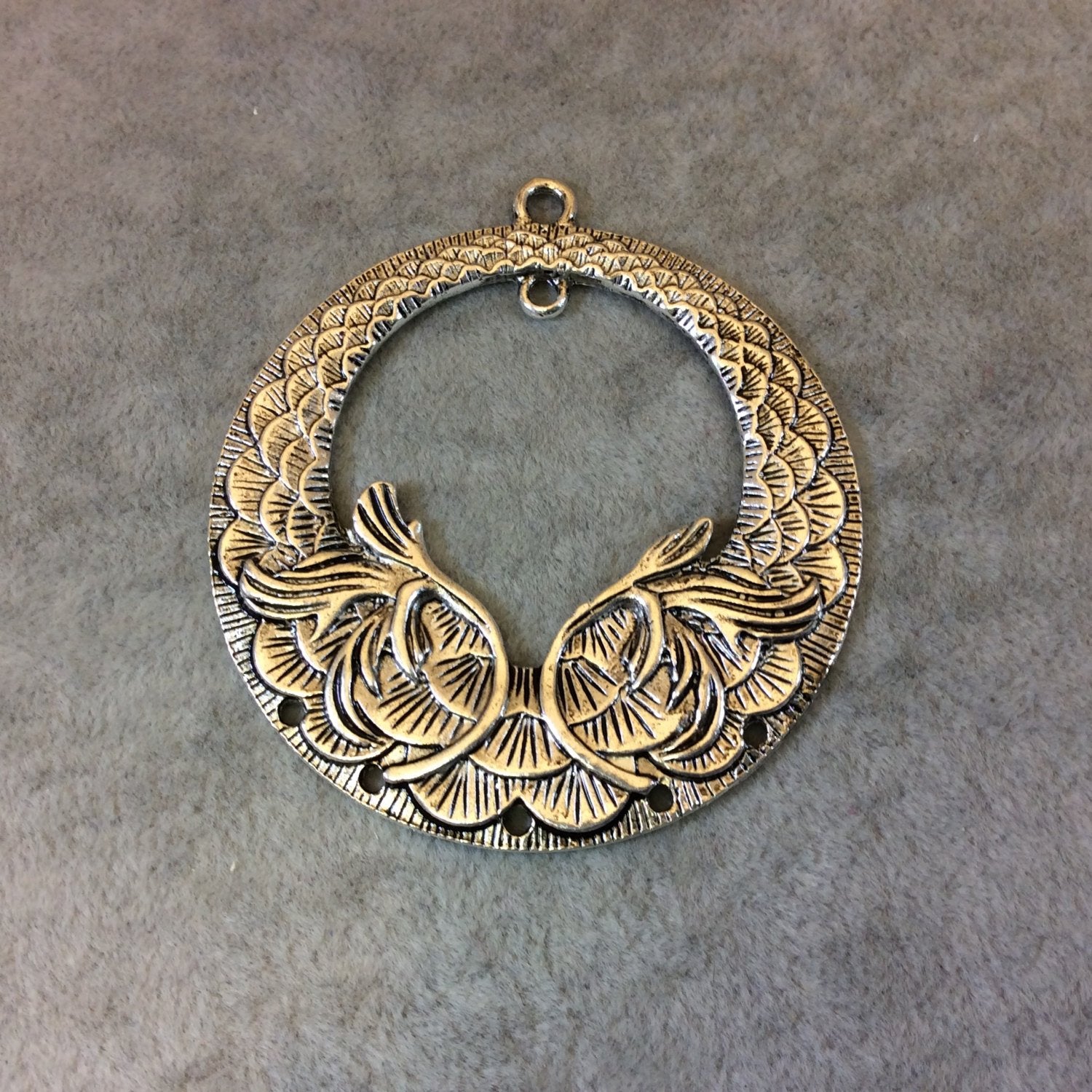 2" Long Tibetan Silver Scalloped Floral Pattern Hoop Shaped Focal Pendant with Drilled Holes - Measuring 55mm x 55mm - Sold Individually