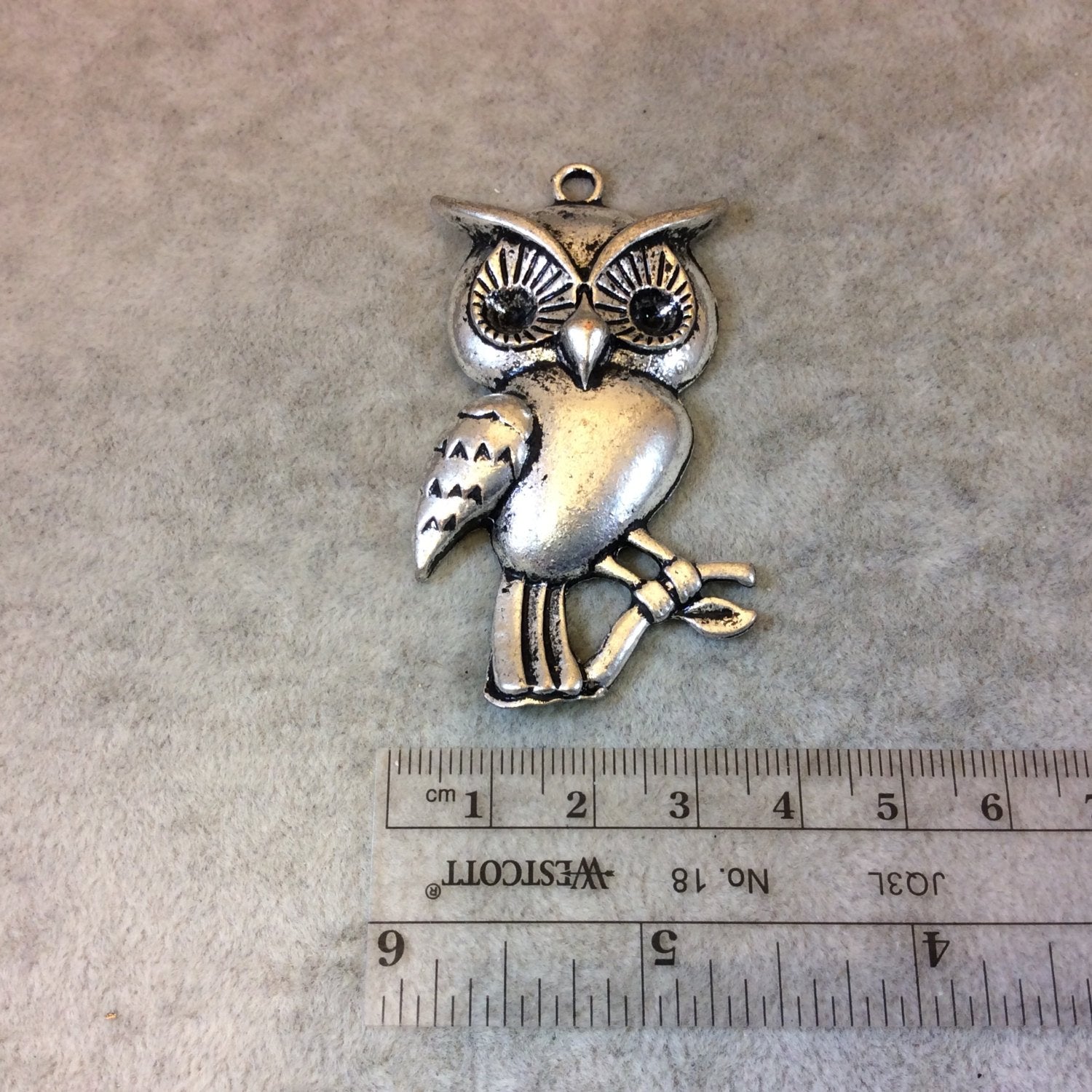 2.25" Long Tibetan Silver Owl Sitting On A Branch Shaped Focal Pendant with Attached Ring - Measuring 35mm x 60mm - Sold Individually