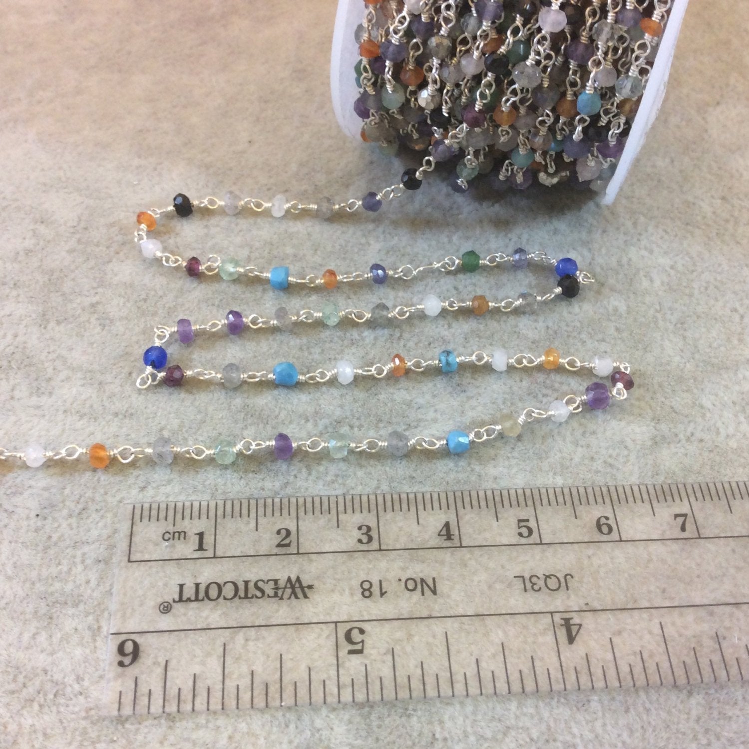 Silver Plated Copper Rosary Chain with Faceted 3-4mm Rondelle Shaped Assorted Gemstone Beads (CH132-SV) - Sold in 1'  Sections!