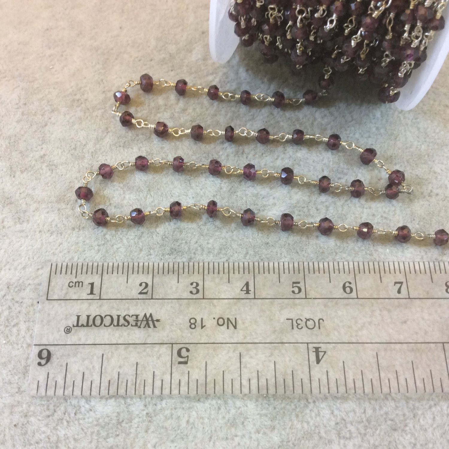 Silver Plated Copper Rosary Chain with Faceted 3-4mm Rondelle Shaped Natural Deep Red Garnet Beads (CH110-SV) - Sold in 1' Sections!
