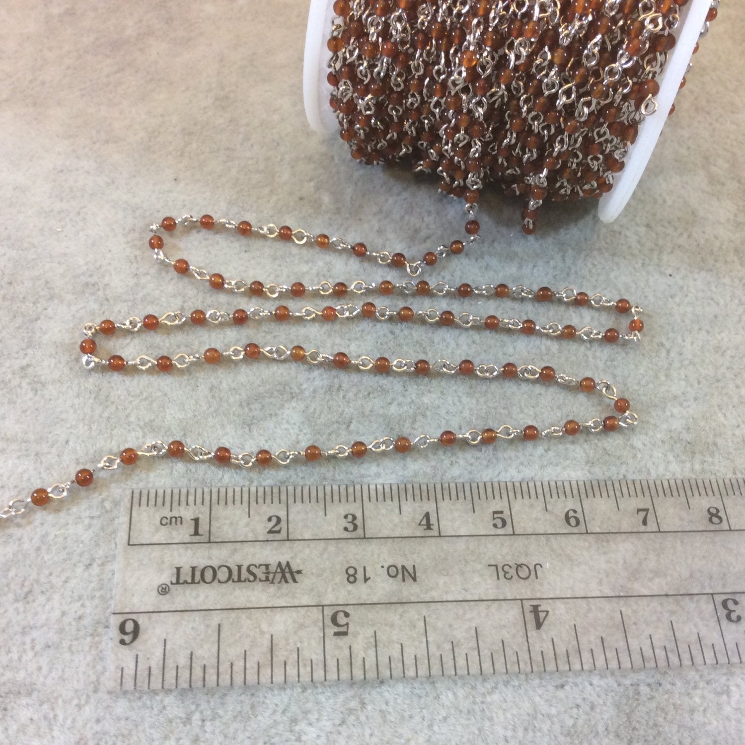 DISC Silver Plated Copper Rosary Chain with Smooth 2mm Round Shaped Natural Red/Orange Agate Beads - Sold in 1' Increments