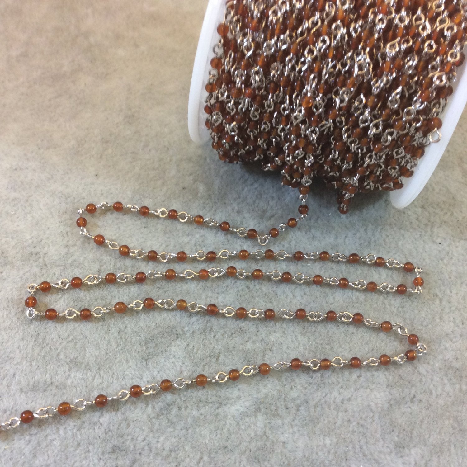 DISC Silver Plated Copper Rosary Chain with Smooth 2mm Round Shaped Natural Red/Orange Agate Beads - Sold in 1' Increments