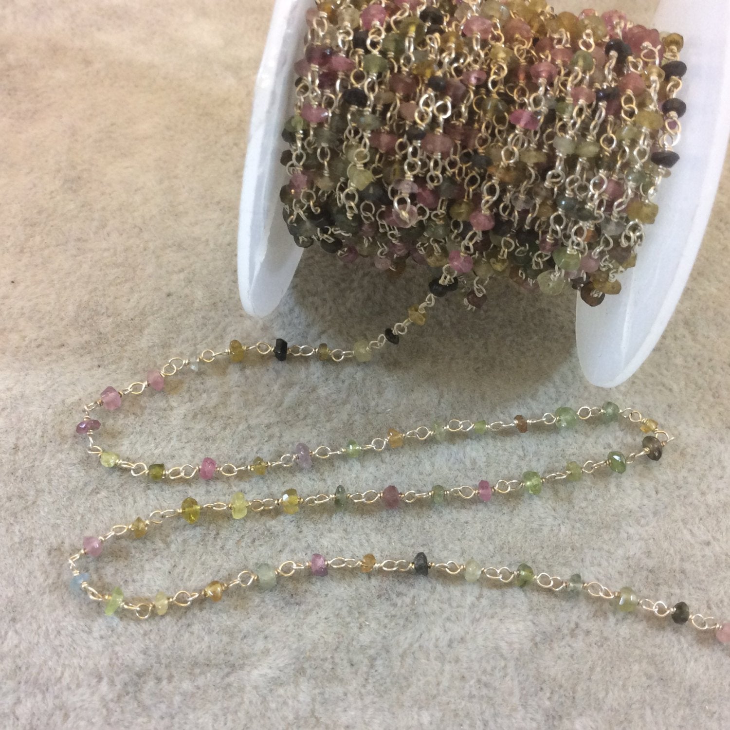 Silver Plated Wrapped Copper Rosary Chain with Glossy 2-3mm Rondelle Shaped Natural Tourmaline Beads - Sold in 1' Increments - (CH052-SV)
