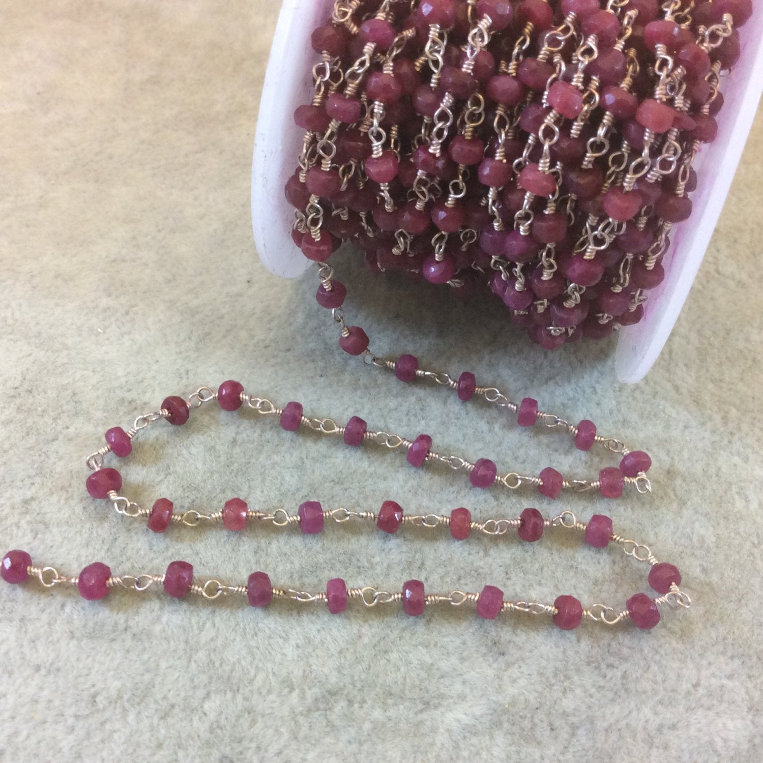 Silver Plated Copper Rosary Chain with Faceted 3-4mm Rondelle Shaped Enchanced Ruby Beads (CH111-SV) - Sold in 1'  Sections!