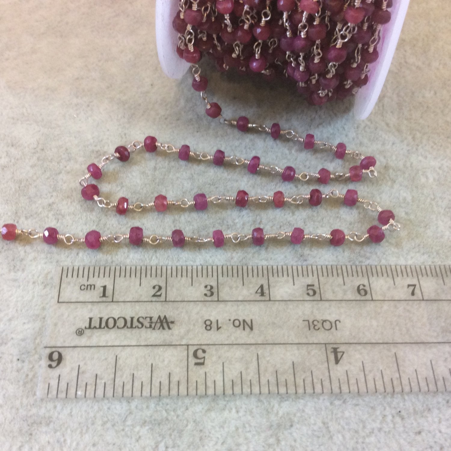 Silver Plated Copper Rosary Chain with Faceted 3-4mm Rondelle Shaped Enchanced Ruby Beads (CH111-SV) - Sold in 1'  Sections!