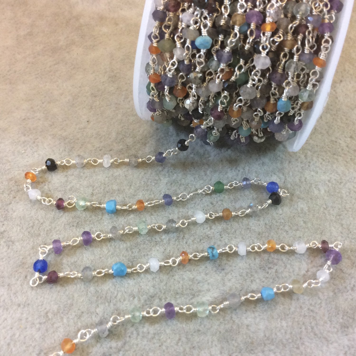 Silver Plated Copper Rosary Chain with Faceted 3-4mm Rondelle Shaped Assorted Gemstone Beads (CH132-SV) - Sold in 1'  Sections!