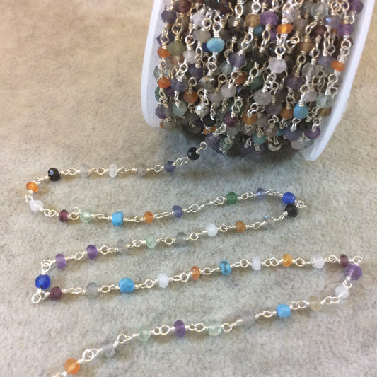 Silver Plated Copper Rosary Chain with Faceted 3-4mm Rondelle Shaped Assorted Gemstone Beads (CH132-SV) - Sold in 1'  Sections!