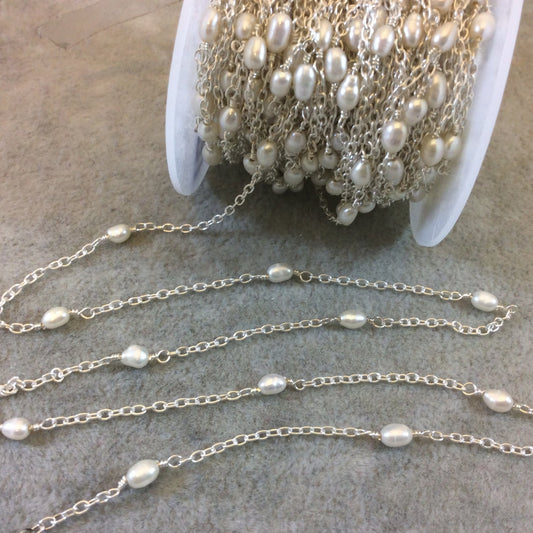 Silver Plated Copper Rosary Chain with 3x4mm Spaced Rice Pearl Rondelle (CH194-SV) - Sold by the Foot! - Natural Semi-Precious Beaded Chain