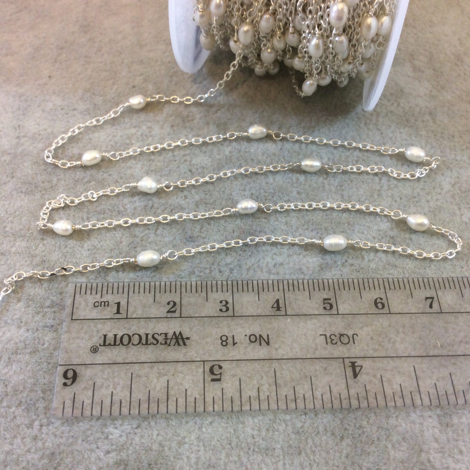 Silver Plated Copper Rosary Chain with 3x4mm Spaced Rice Pearl Rondelle (CH194-SV) - Sold by the Foot! - Natural Semi-Precious Beaded Chain