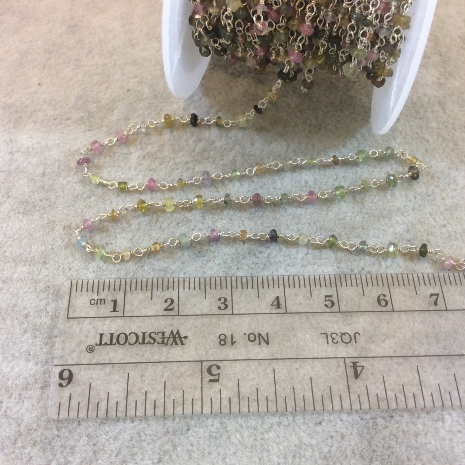 Silver Plated Wrapped Copper Rosary Chain with Glossy 2-3mm Rondelle Shaped Natural Tourmaline Beads - Sold in 1' Increments - (CH052-SV)
