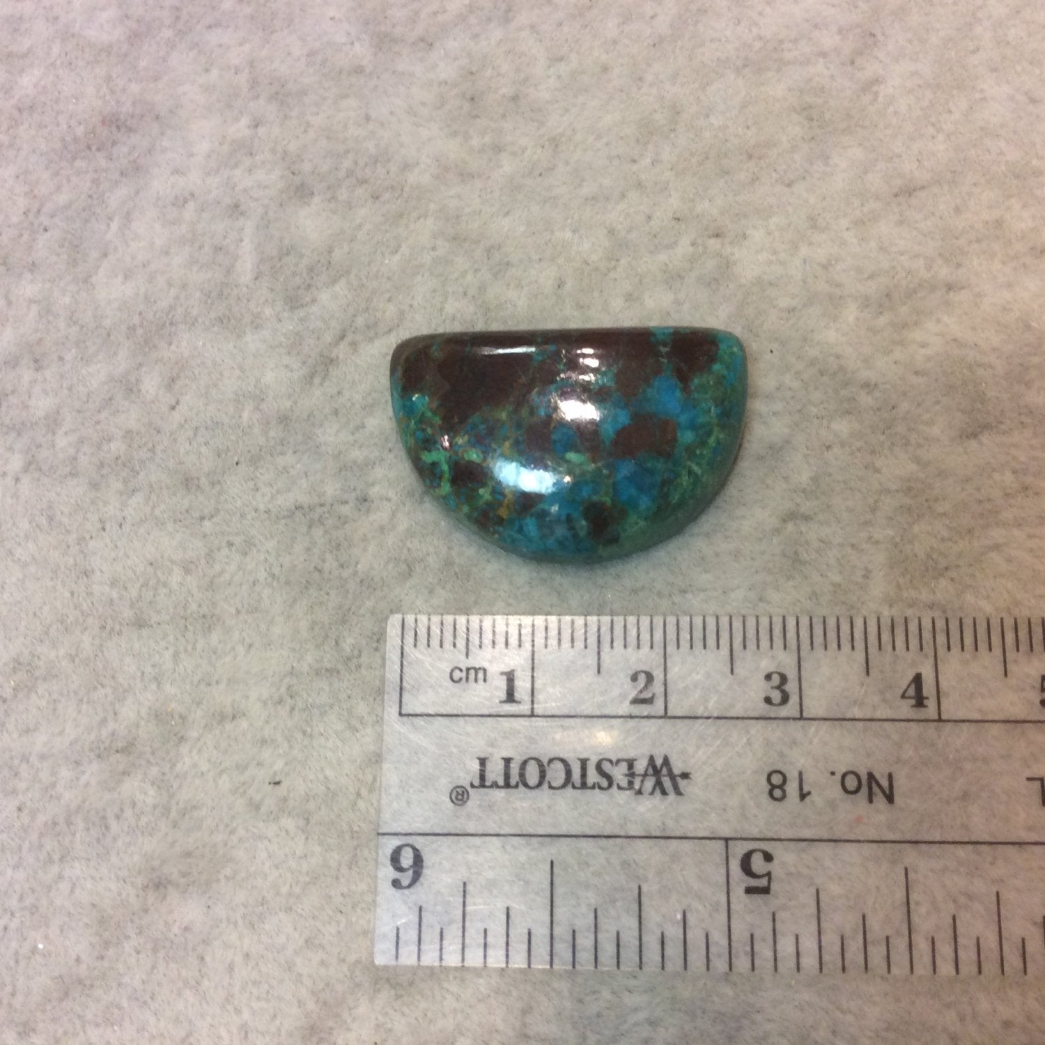 OOAK Chrysocolla Half Moon Shaped Flat Back Cabochon with "4" - Measuring 18mm x 28mm, 7mm Dome Height - Natural High Quality Gemstone
