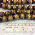 16mm Smooth Golden Brown Tiger Eye Round/Ball Shaped Beads - 15.75" Strand (Approx. 25 Beads) - Natural Hand-Strung Gemstone Bead Strand