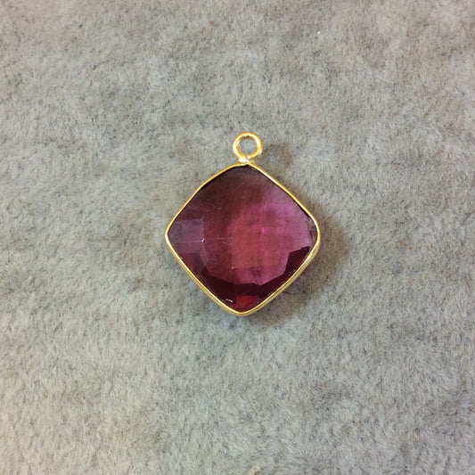 Pink Quartz Bezel | Gold Finish Faceted Fuchsia Diamond Shaped Pendant Component - Measuring 15mm x 15mm - Natural Semi precious Gemstone