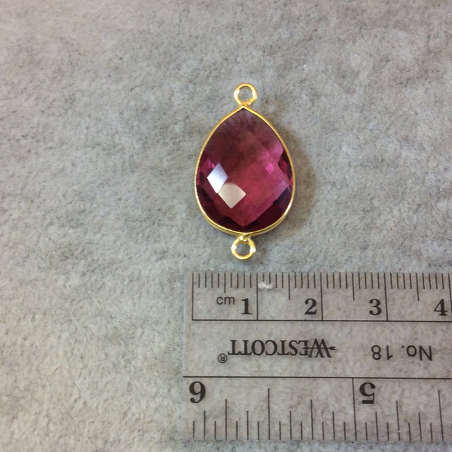 Gold Finish Faceted Pear/Teardrop Shaped Fuchsia Pink Quartz Bezel Two Ring Connector Component - Measuring 15mm x 20mm - Natural Gemstone