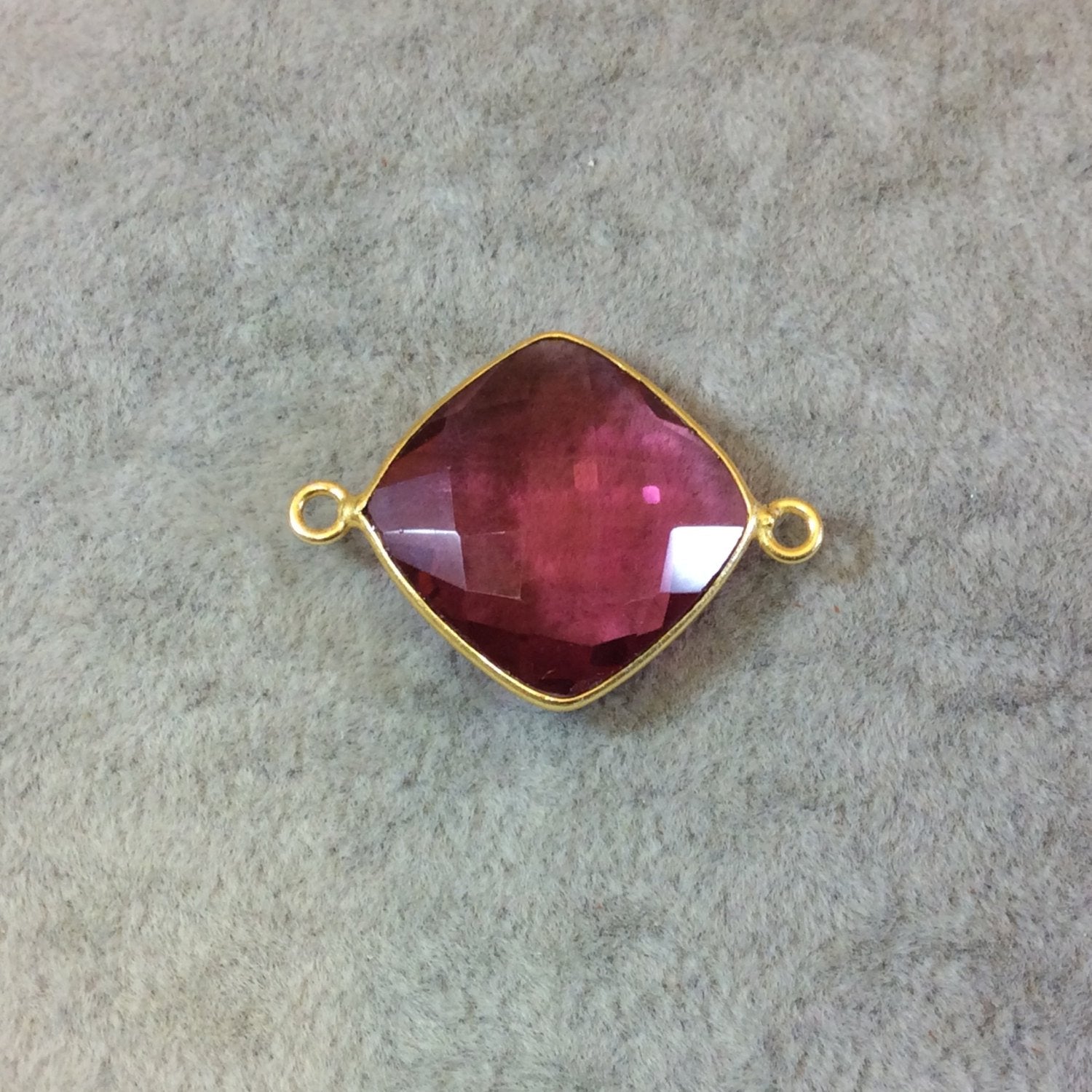 Gold Finish Faceted Diamond Shaped Fuchsia Pink Quartz Bezel Two Ring Connector Component - Measuring 18mm x 18mm - Natural Gemstone