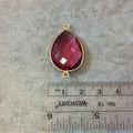 Gold Finish Faceted Pear/Teardrop Shaped Fuchsia Pink Quartz Bezel Two Ring Connector Component - Measuring 18mm x 24mm - Natural Gemstone