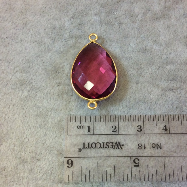 Gold Finish Faceted Pear/Teardrop Shaped Fuchsia Pink Quartz Bezel Two Ring Connector Component - Measuring 18mm x 24mm - Natural Gemstone