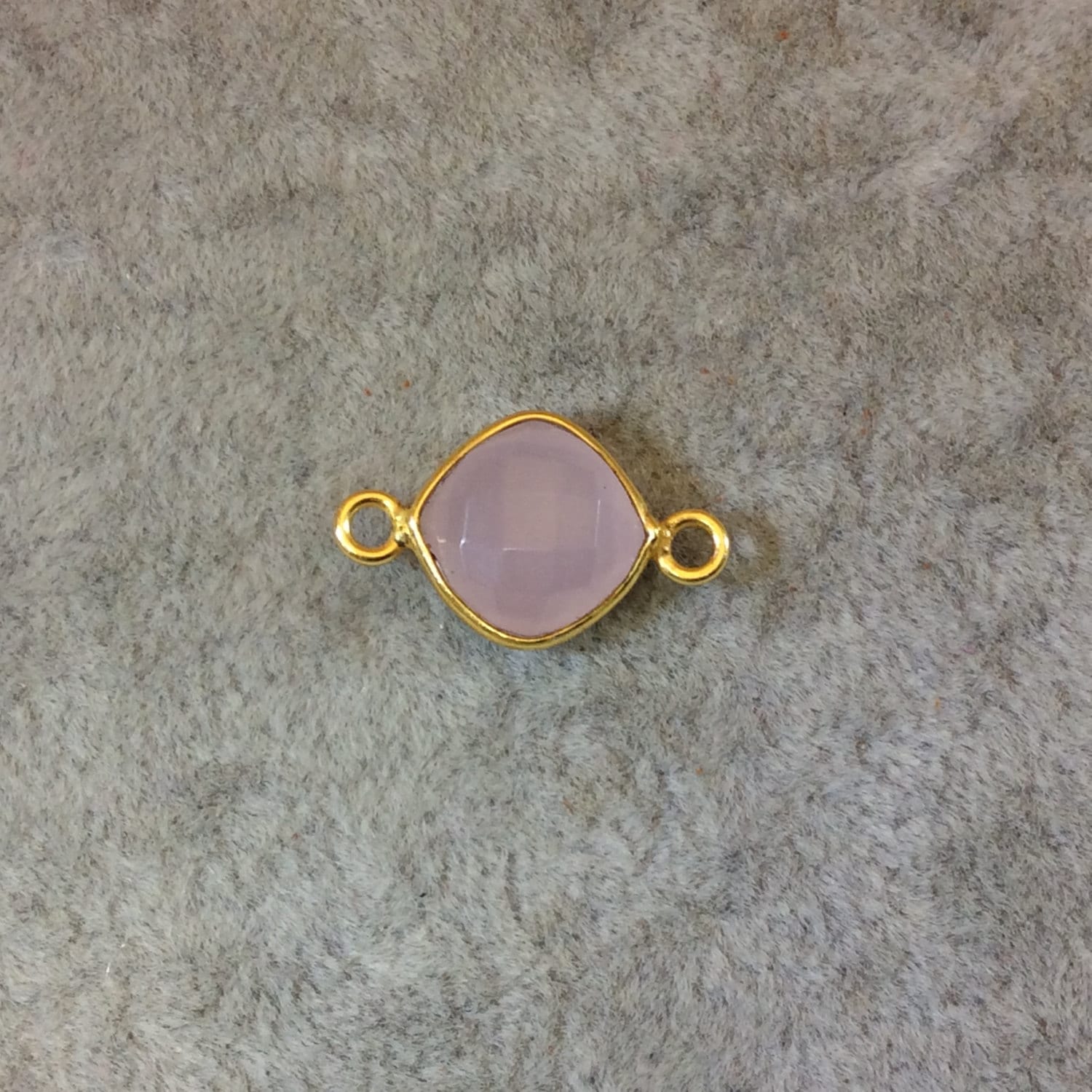 Gold Finish Faceted Light Rose Pink Chalcedony Diamond Shaped Bezel Two Ring Connector Component - Measuring 10mm x 10mm - Natural Gemstone