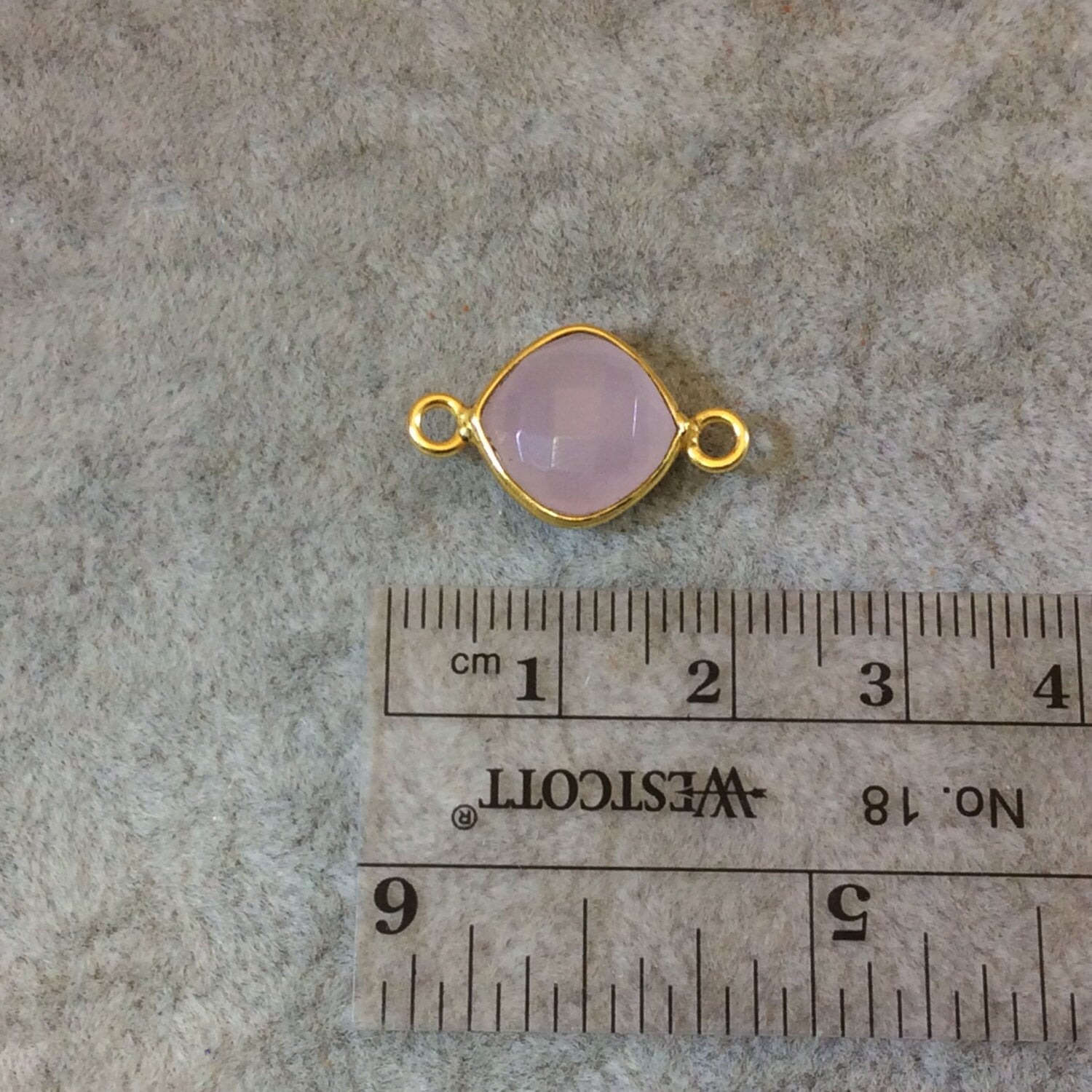 Gold Finish Faceted Light Rose Pink Chalcedony Diamond Shaped Bezel Two Ring Connector Component - Measuring 10mm x 10mm - Natural Gemstone