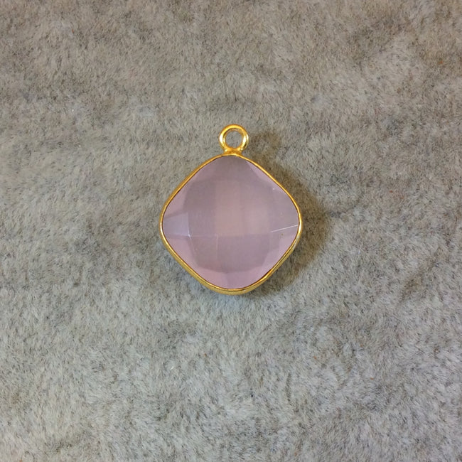 Gold Finish Faceted Light Rose Pink Chalcedony Diamond Shaped Bezel Pendant Component - Measuring 8mm x 8mm - Natural Gemstone