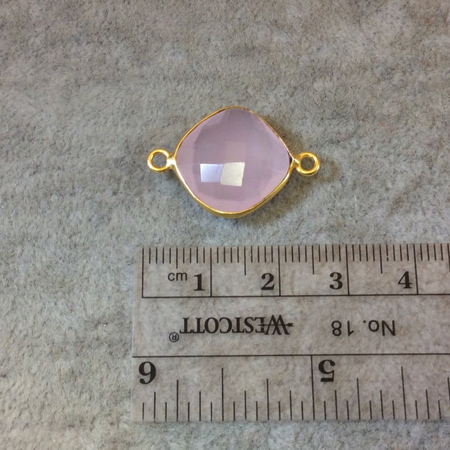 Gold Finish Faceted Light Rose Pink Chalcedony Diamond Shaped Bezel Two Ring Connector Component - Measuring 15mm x 15mm - Natural Gemstone