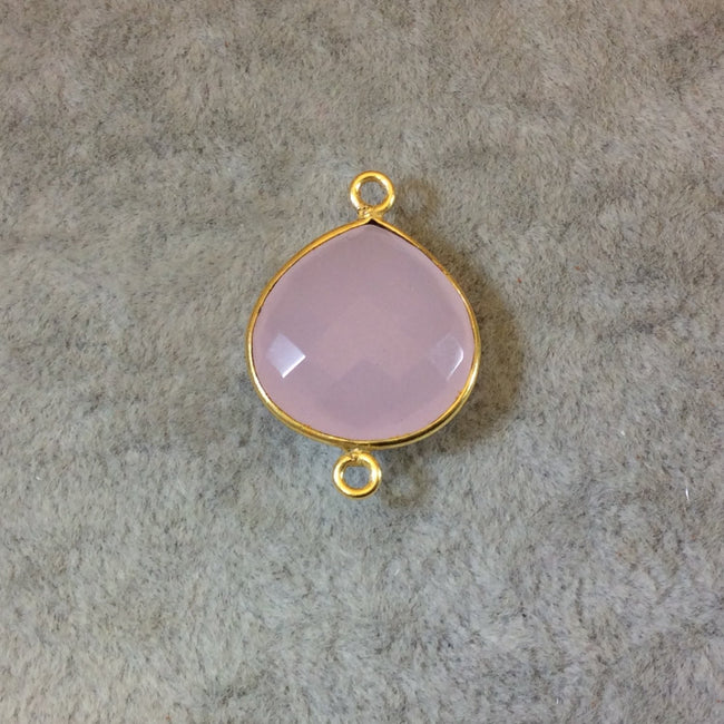 Gold Finish Faceted Light Rose Pink Chalcedony Heart/Teardrop Shaped Bezel Connector Component - Measuring 18mm x 18mm - Natural Gemstone