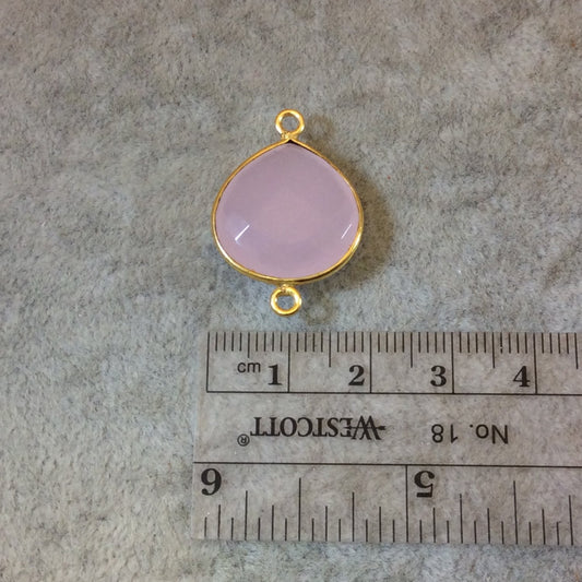 Gold Finish Faceted Light Rose Pink Chalcedony Heart/Teardrop Shaped Bezel Connector Component - Measuring 18mm x 18mm - Natural Gemstone