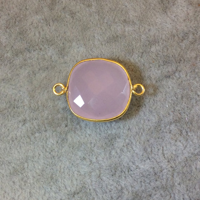 Gold Finish Faceted Light Rose Pink Chalcedony Square Shaped Bezel Two Ring Connector Component - Measuring 18mm x 18mm - Natural Gemstone