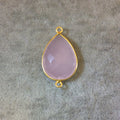 Gold Finish Faceted Light Rose Pink Chalcedony Pear/Teardrop Shaped Bezel Connector Component - Measuring 18mm x 24mm - Natural Gemstone