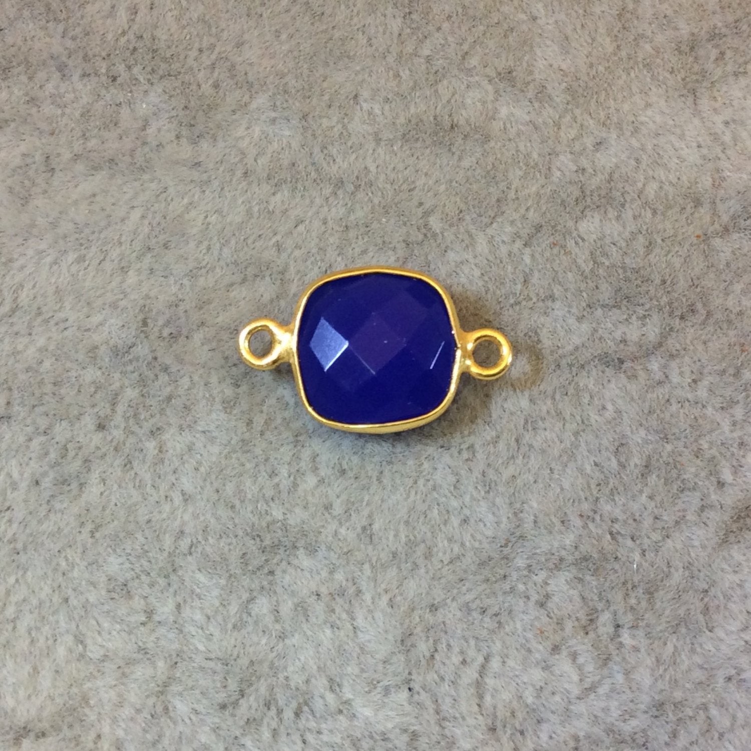 Gold Finish Faceted Cobalt Blue Square Shaped Bezel Two Ring Connector Component - Measuring 10mm x 10mm - Natural Gemstone