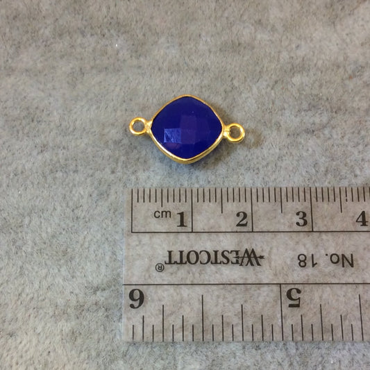 Gold Finish Faceted Cobalt Blue Diamond Shaped Bezel Two Ring Connector Component - Measuring 10mm x 10mm - Natural Gemstone