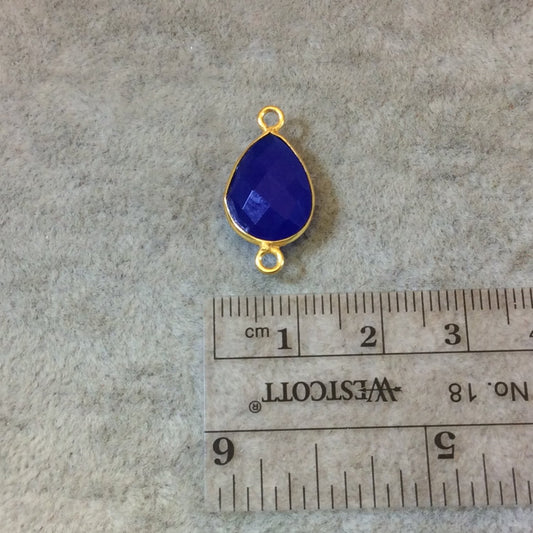 Gold Finish Faceted Cobalt Blue Pear/Teardrop Shaped Bezel Two Ring Connector Component - Measuring 10mm x 15mm - Natural Gemstone