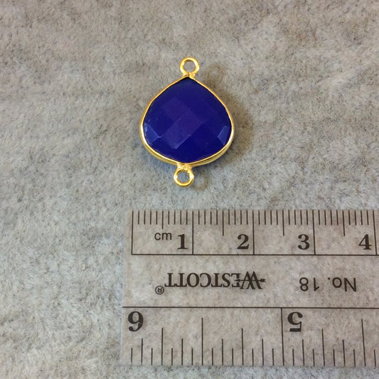 Gold Finish Faceted Cobalt Blue Heart/Teardrop Shaped Bezel Two Ring Connector Component - Measuring 15mm x 15mm - Natural Gemstone