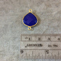 Gold Finish Faceted Cobalt Blue Heart/Teardrop Shaped Bezel Two Ring Connector Component - Measuring 15mm x 15mm - Natural Gemstone