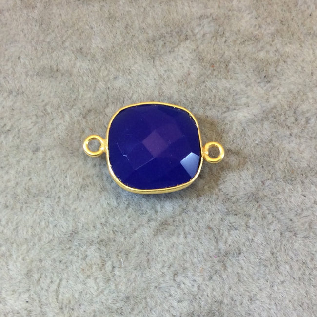 Gold Finish Faceted Cobalt Blue Square Shaped Bezel Two Ring Connector Component - Measuring 15mm x 15mm - Natural Gemstone