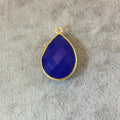 Gold Finish Faceted Cobalt Blue Chalcedony Pear/Teardrop Shaped Bezel Pendant Component - Measuring 15mm x 20mm - Natural Gemstone