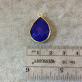 Gold Finish Faceted Cobalt Blue Chalcedony Pear/Teardrop Shaped Bezel Pendant Component - Measuring 15mm x 20mm - Natural Gemstone