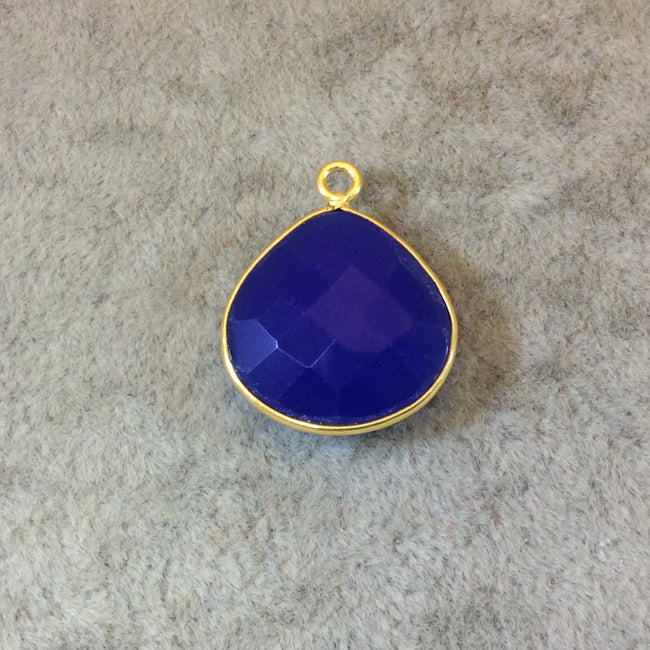 Gold Finish Faceted Cobalt Blue Chalcedony Heart/Teardrop Shaped Bezel Pendant Component - Measuring 18mm x 18mm - Natural Gemstone