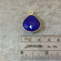 Gold Finish Faceted Cobalt Blue Chalcedony Heart/Teardrop Shaped Bezel Pendant Component - Measuring 18mm x 18mm - Natural Gemstone