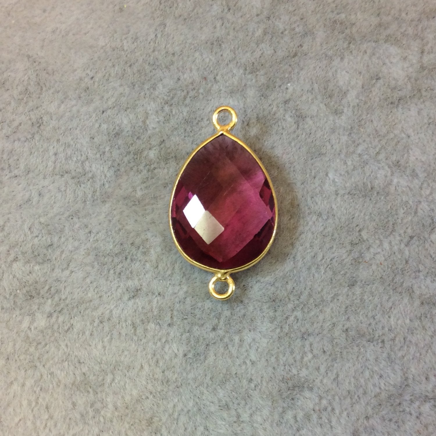 Gold Finish Faceted Pear/Teardrop Shaped Fuchsia Pink Quartz Bezel Two Ring Connector Component - Measuring 15mm x 20mm - Natural Gemstone