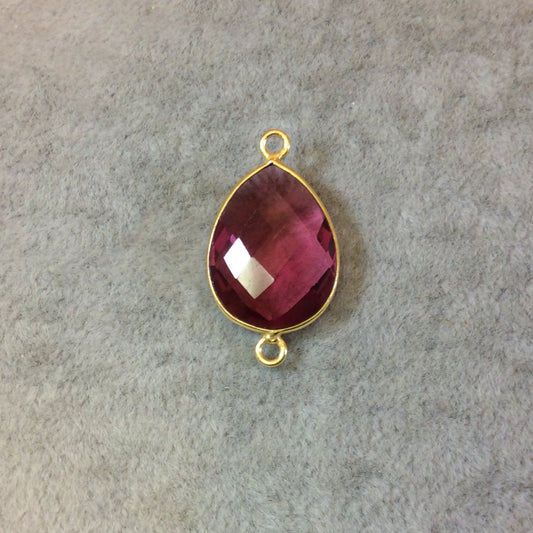 Gold Finish Faceted Pear/Teardrop Shaped Fuchsia Pink Quartz Bezel Two Ring Connector Component - Measuring 15mm x 20mm - Natural Gemstone