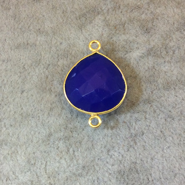 Gold Finish Faceted Cobalt Blue Heart/Teardrop Shaped Bezel Two Ring Connector Component - Measuring 18mm x 18mm - Natural Gemstone