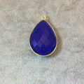 Gold Finish Faceted Cobalt Blue Chalcedony Pear/Teardrop Shaped Bezel Pendant Component - Measuring 18mm x 24mm - Natural Gemstone
