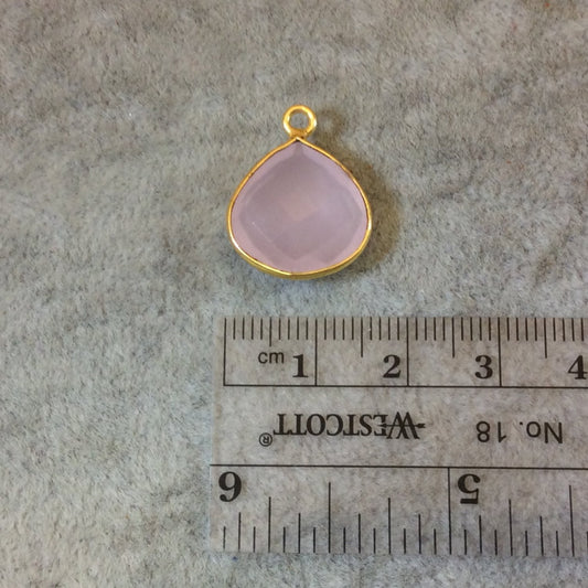 Gold Finish Faceted Light Rose Pink Chalcedony Heart/Teardrop Shaped Bezel Pendant Component - Measuring 15mm x 15mm - Natural Gemstone