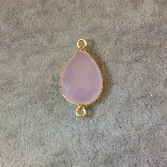 Gold Finish Faceted Light Rose Pink Chalcedony Pear/Teardrop Shaped Bezel Connector Component - Measuring 15mm x 20mm - Natural Gemstone