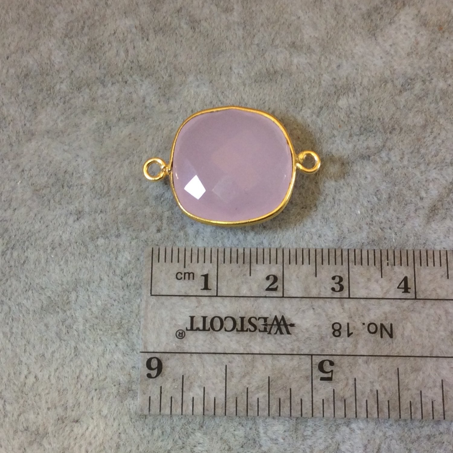 Gold Finish Faceted Light Rose Pink Chalcedony Square Shaped Bezel Two Ring Connector Component - Measuring 18mm x 18mm - Natural Gemstone