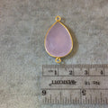 Gold Finish Faceted Light Rose Pink Chalcedony Pear/Teardrop Shaped Bezel Connector Component - Measuring 18mm x 24mm - Natural Gemstone