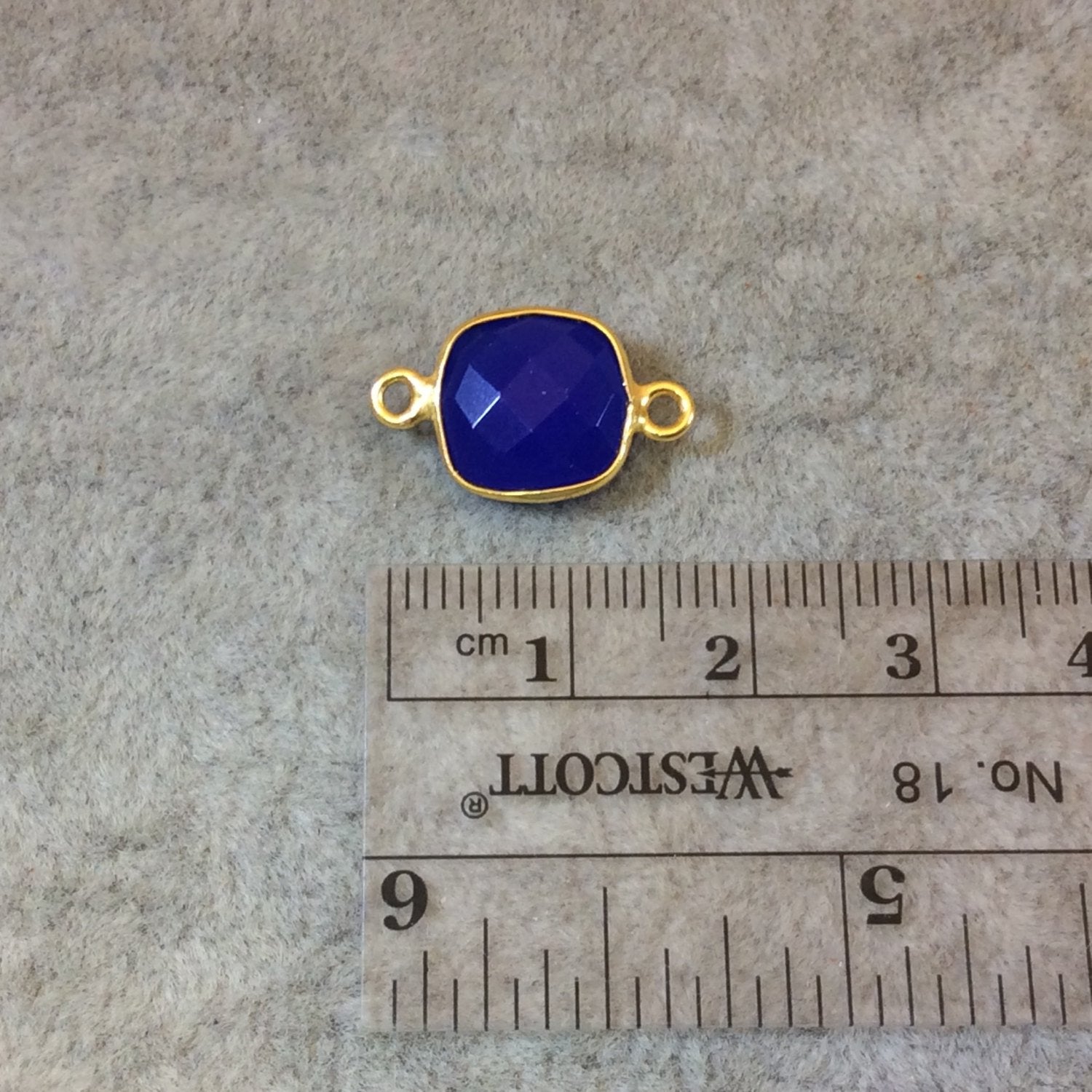 Gold Finish Faceted Cobalt Blue Square Shaped Bezel Two Ring Connector Component - Measuring 10mm x 10mm - Natural Gemstone