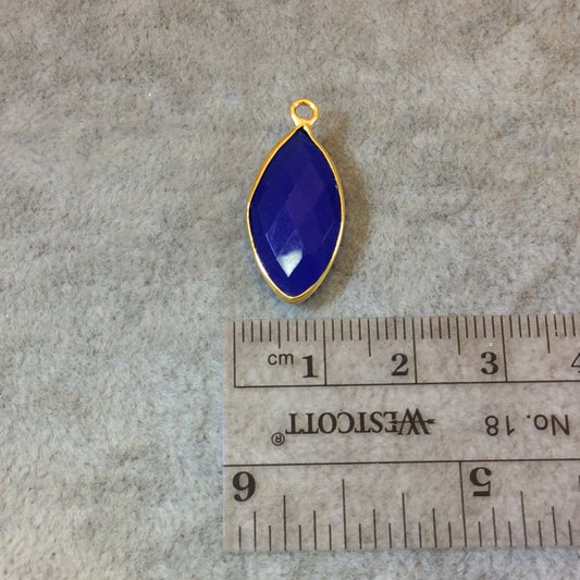Gold Finish Faceted Cobalt Blue Chalcedony Marquise Shaped Bezel Pendant Component - Measuring 10mm x 20mm - Natural Gemstone